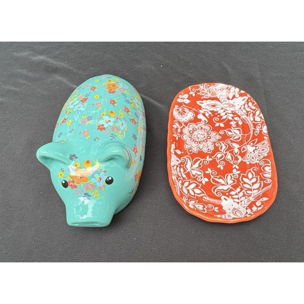 Gibson Ceramic Pig Covered Butter Dish Lid Tray Farmhouse Pioneer Woman EUC A82 - Picture 4 of 9